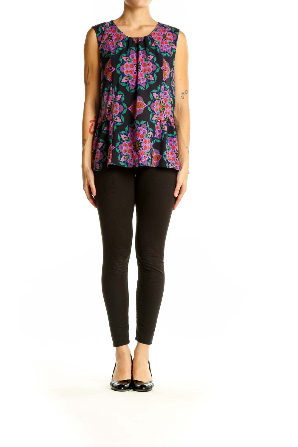 Front view of J.Crew black sleeveless blouse with colorful floral print