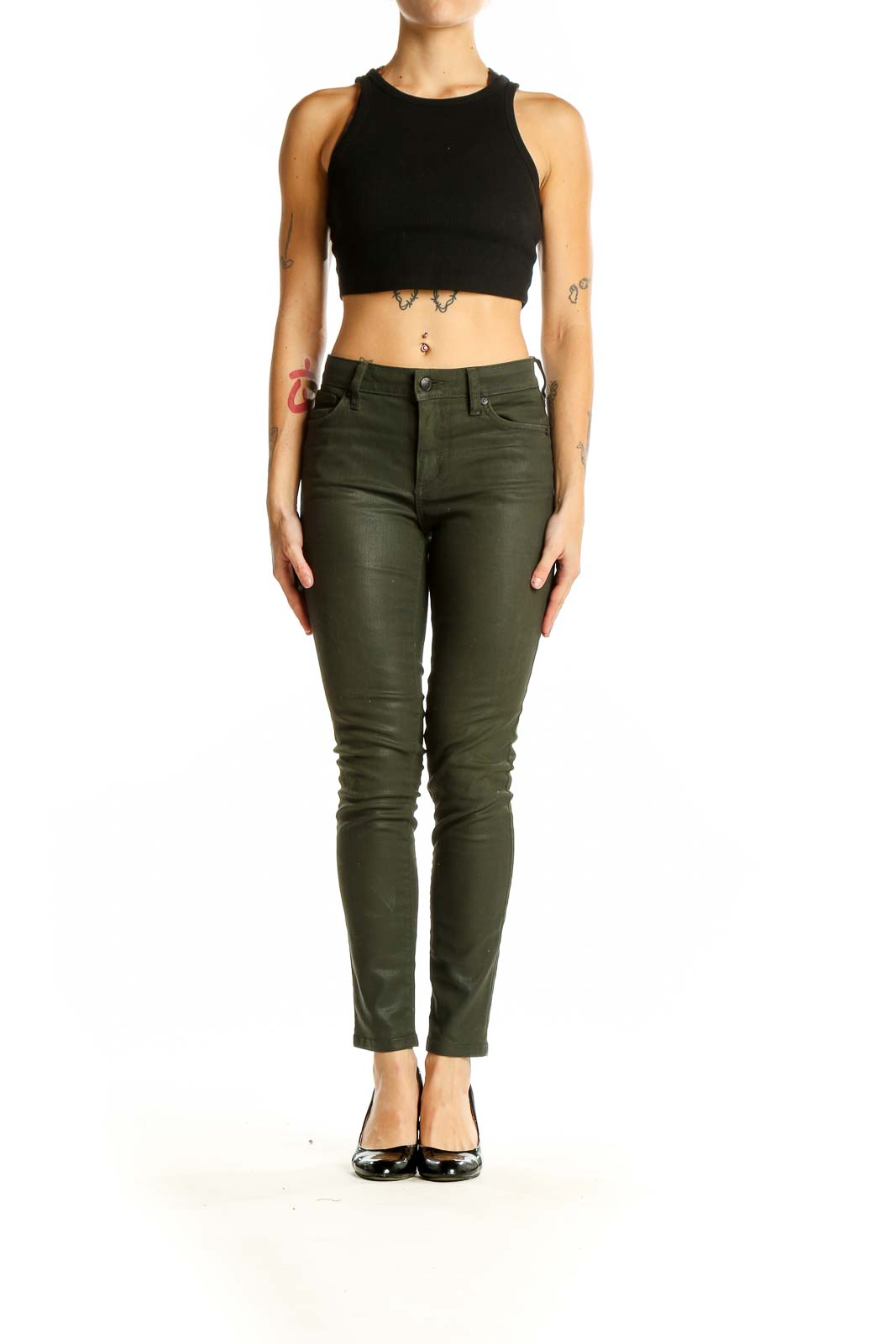 Front view of Joe's olive green skinny pants on model