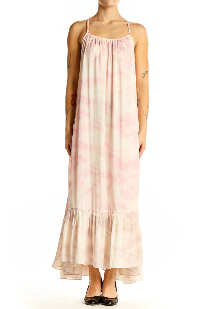 Front view of pink tie-dye maxi dress with spaghetti straps