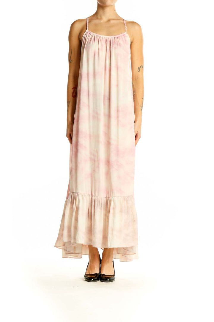 Front view of pink tie-dye maxi dress with spaghetti straps