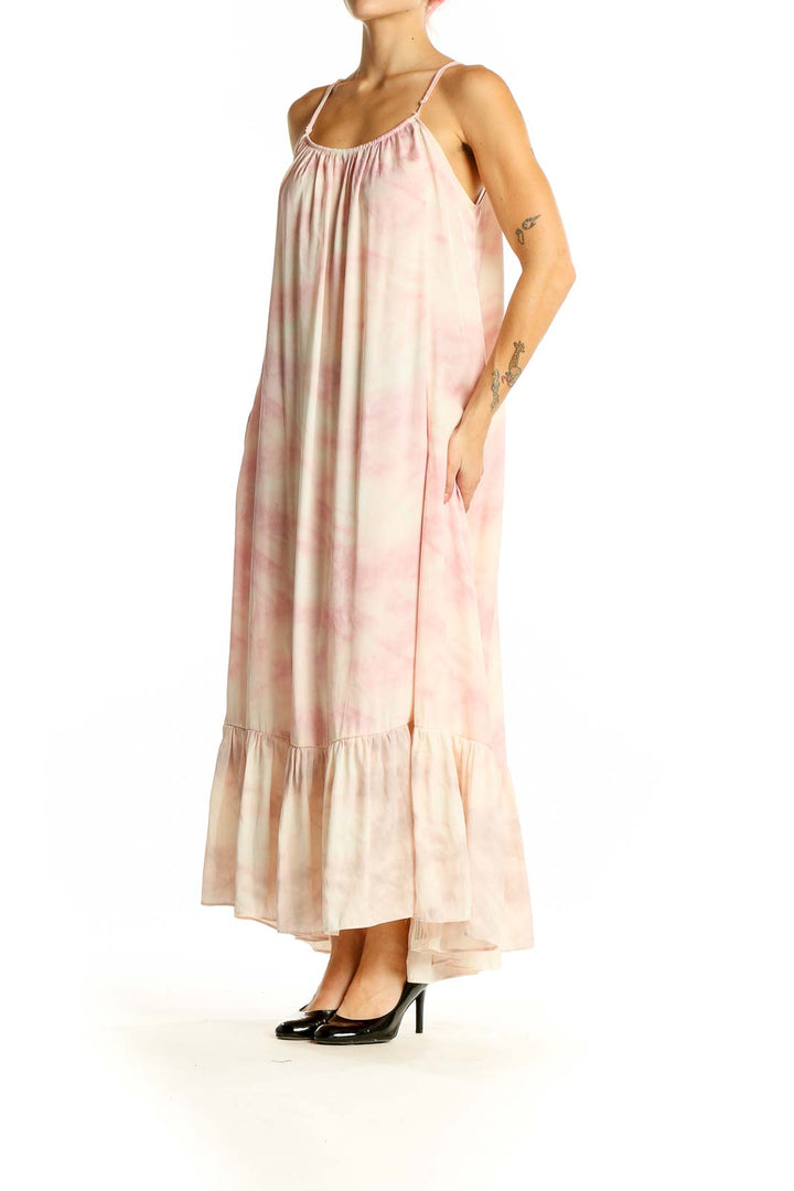 Front view of pink tie-dye maxi dress with spaghetti straps