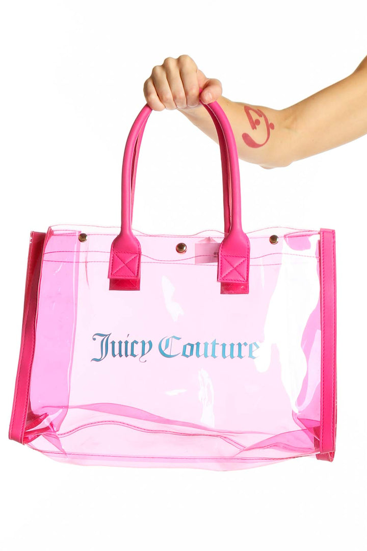 Front view of Juicy Couture Pink Transparent Tote Bag with blue logo