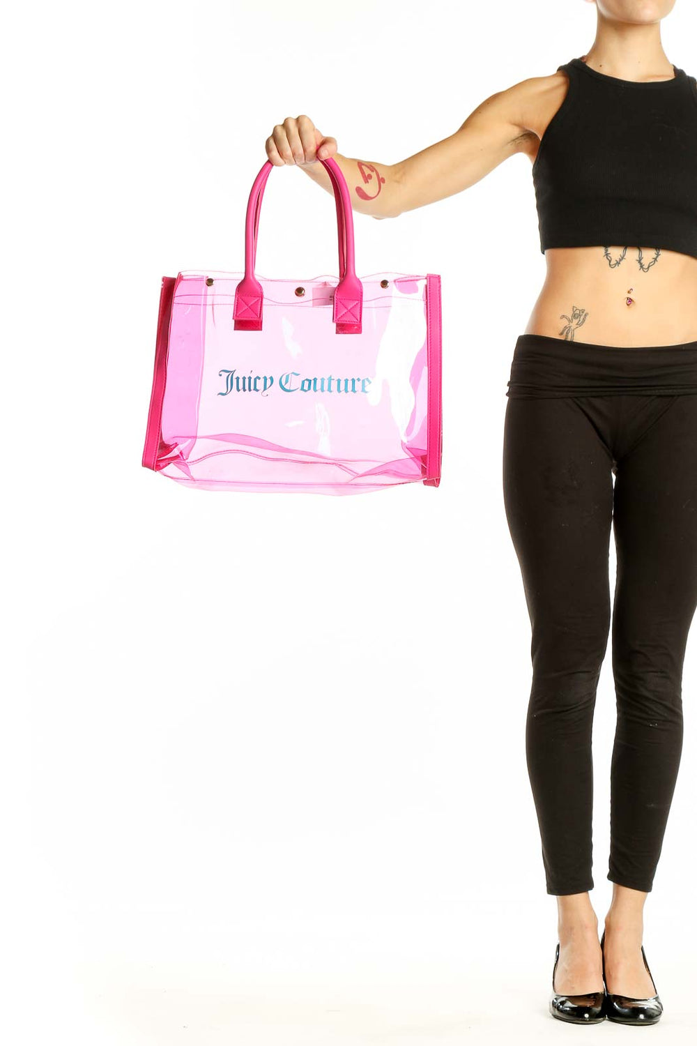 Front view of Juicy Couture Pink Transparent Tote Bag with blue logo