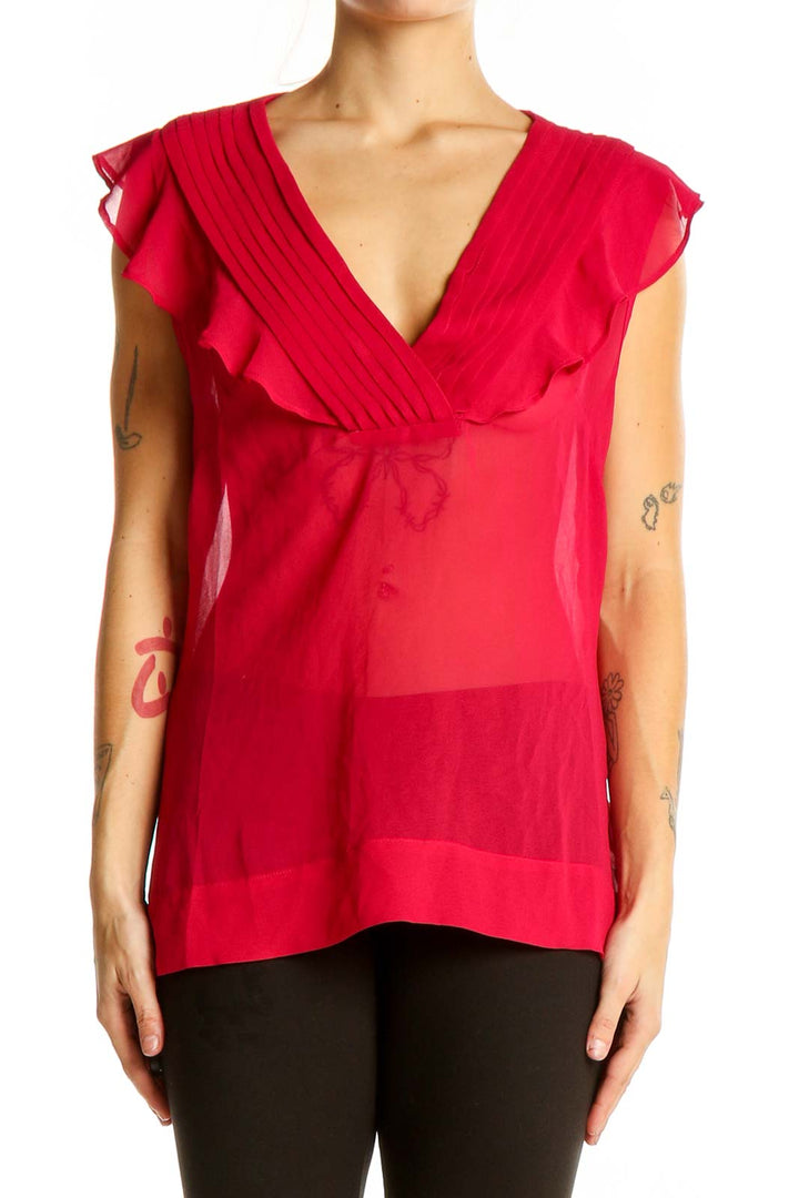 Front view of red sheer ruffled V-neck blouse from Banana Republic