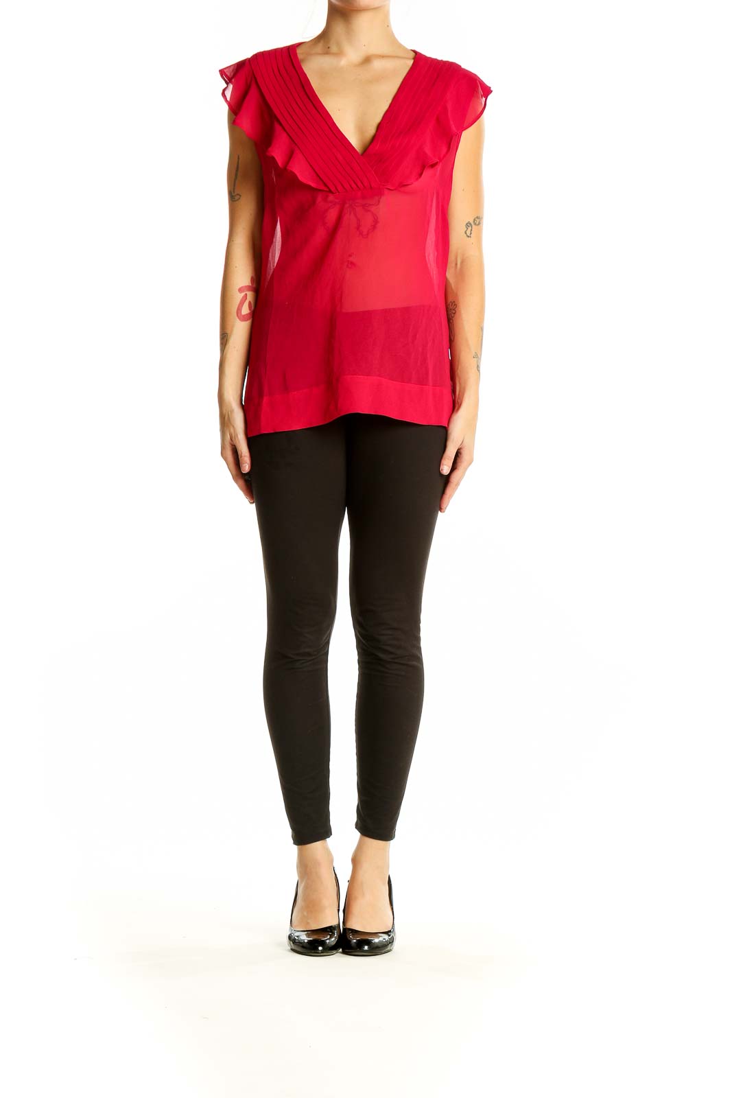 Front view of red sheer ruffled V-neck blouse from Banana Republic