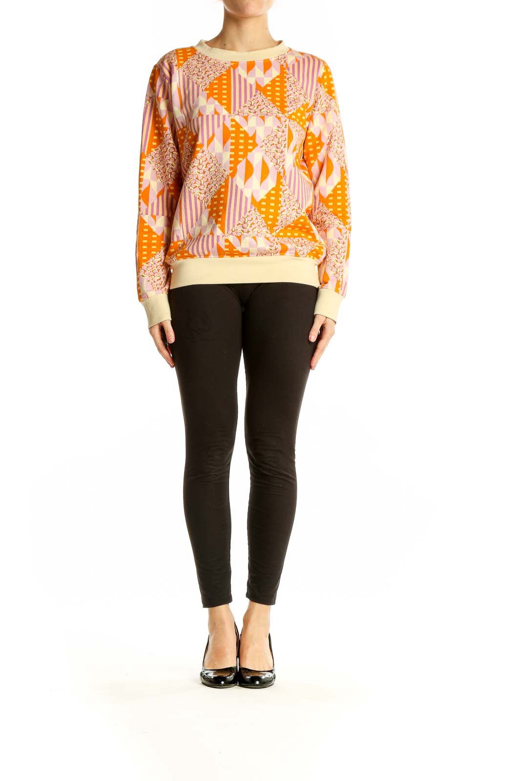 Front view of SagexClare orange geometric print cotton sweatshirt