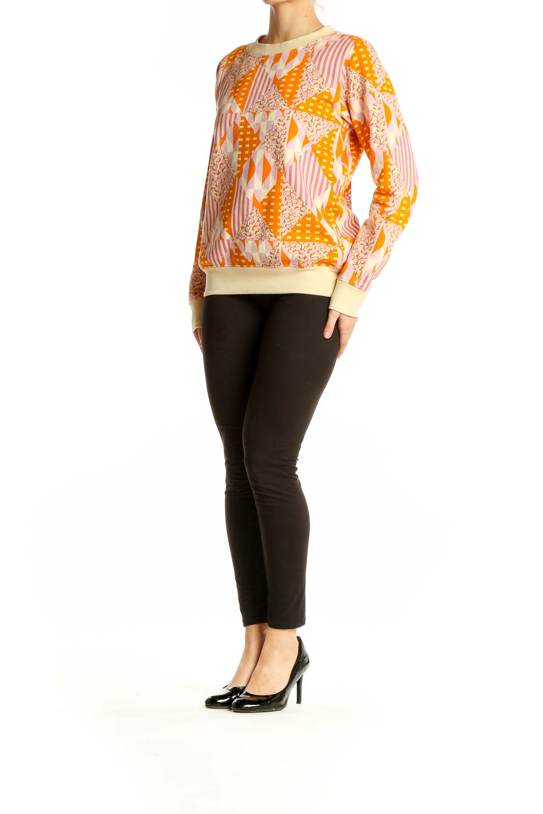 Front view of SagexClare orange geometric print cotton sweatshirt