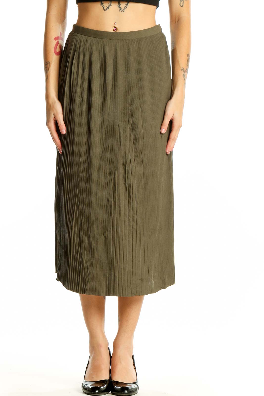 Front view of Noel Asmar olive pleated midi skirt