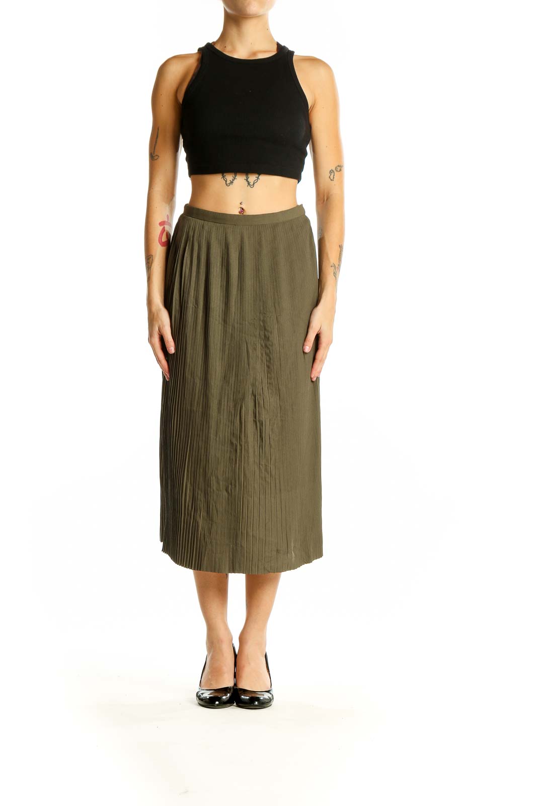 Front view of Noel Asmar olive pleated midi skirt