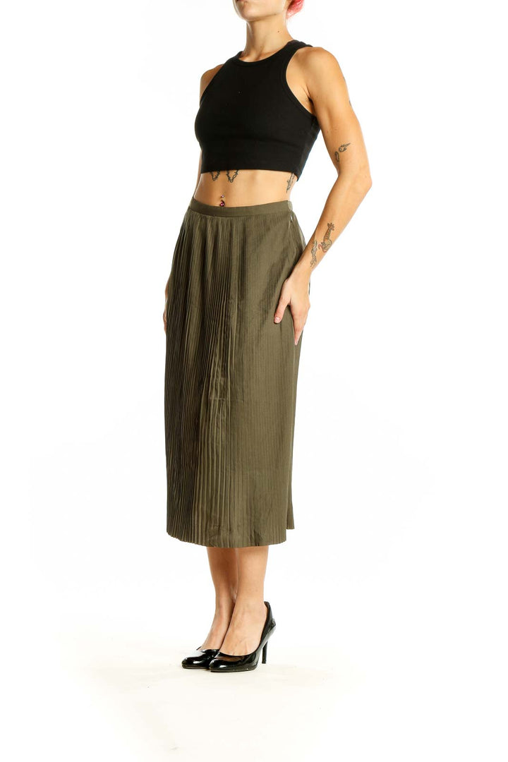 Front view of Noel Asmar olive pleated midi skirt