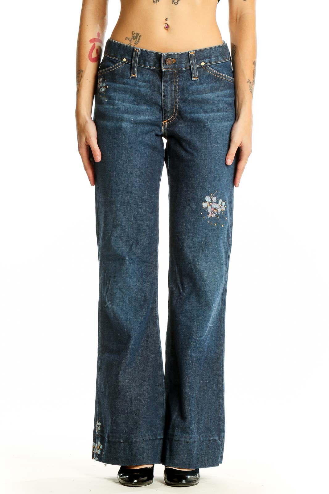 Front view of Adriano Goldschmied blue wide-leg jeans with floral embroidery