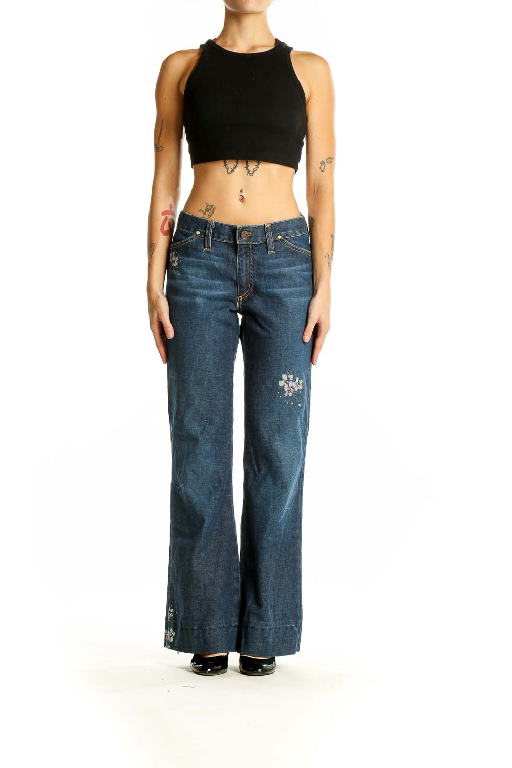 Front view of Adriano Goldschmied blue wide-leg jeans with floral embroidery