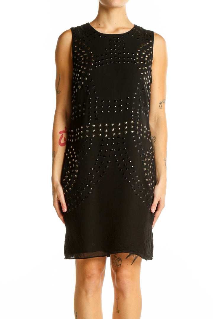 Front view of Cynthia Rowley black studded silk sleeveless dress