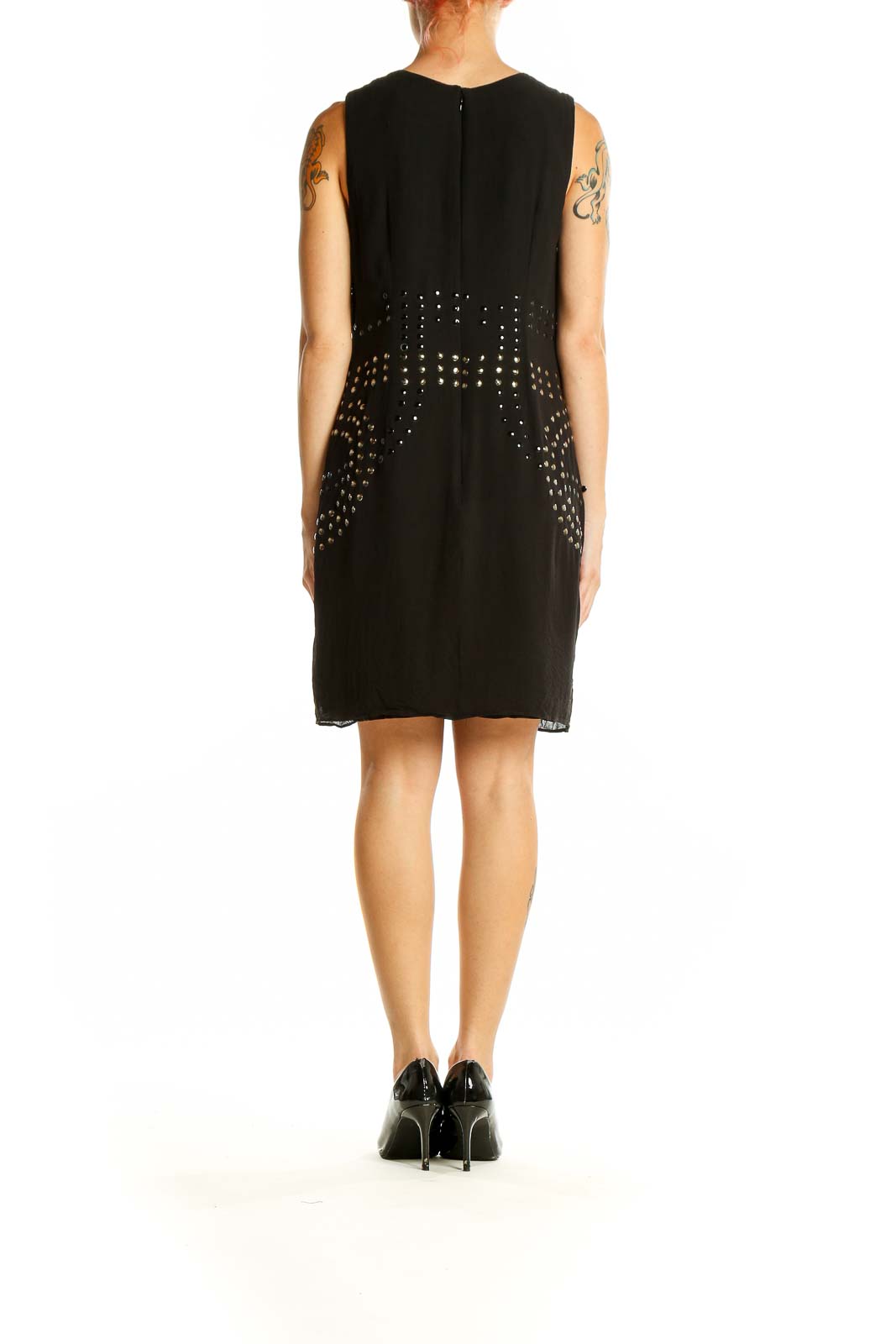 Side view of Cynthia Rowley black studded silk sleeveless dress