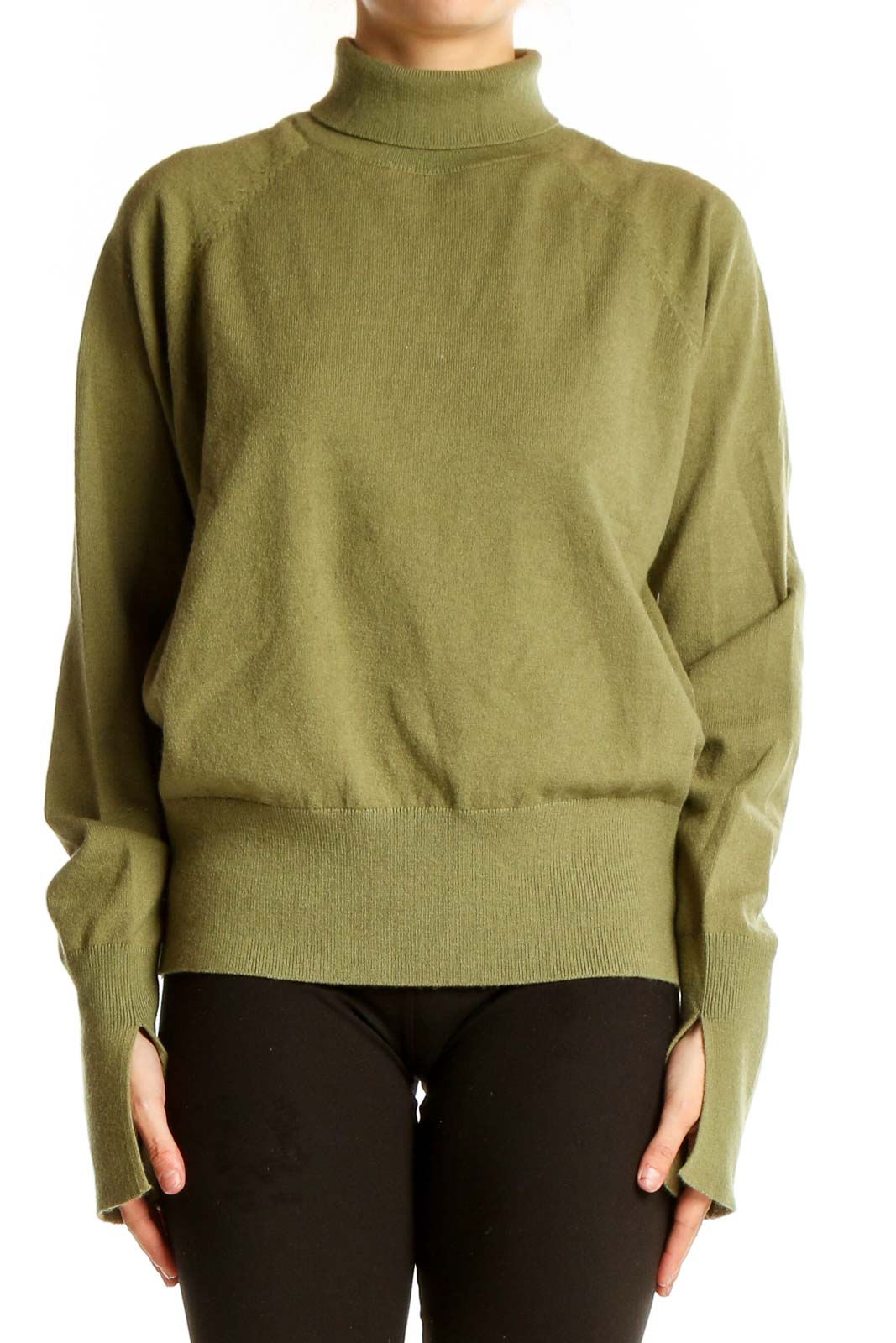 Front view of Calista olive turtleneck sweater with raglan sleeves