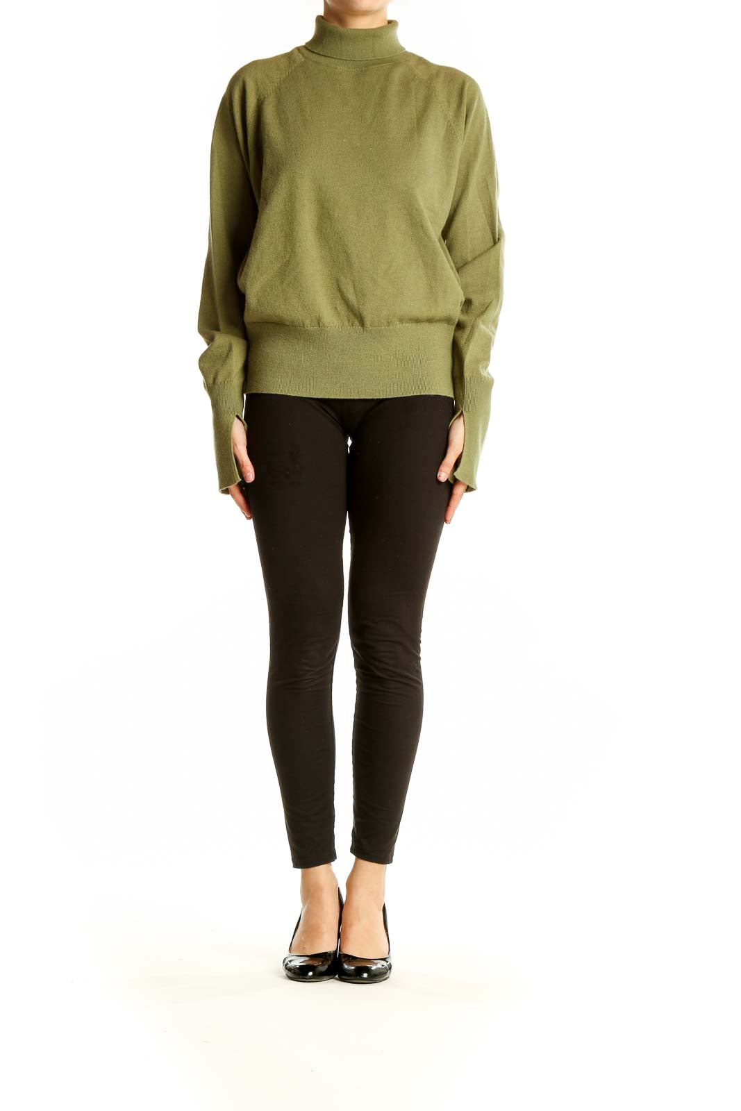 Front view of Calista olive turtleneck sweater with raglan sleeves