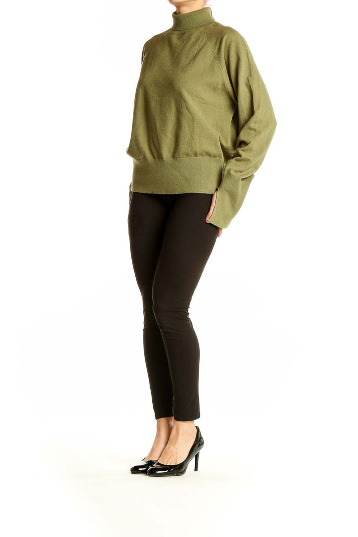 Front view of Calista olive turtleneck sweater with raglan sleeves