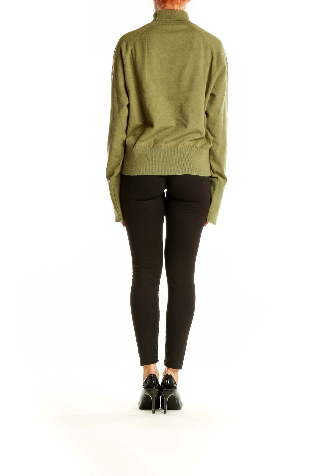 Back view of Calista olive turtleneck sweater showing relaxed fit