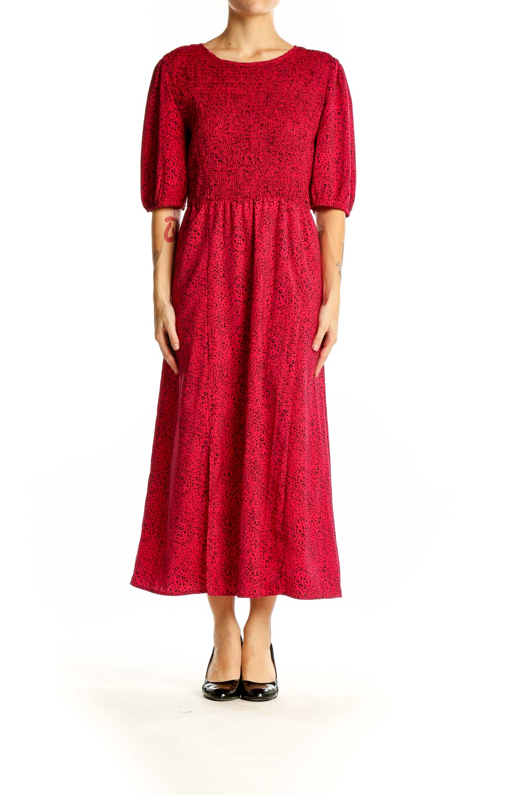 Front view of red floral puff sleeve midi dress by Popsugar