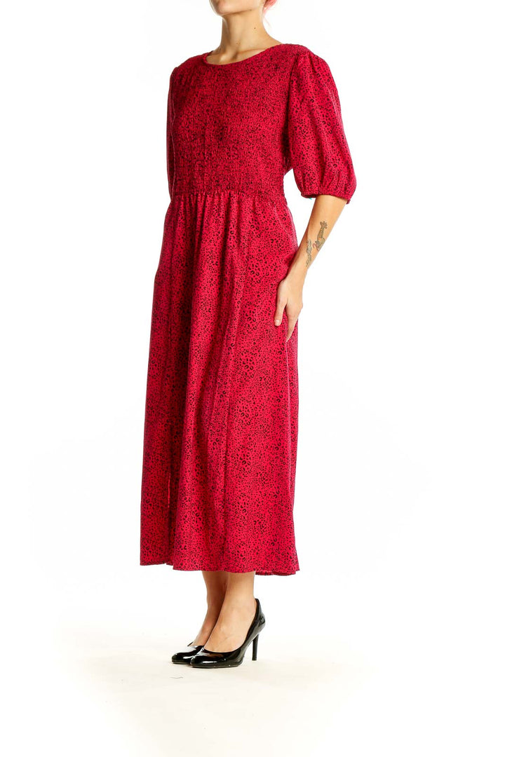 Front view of red floral puff sleeve midi dress by Popsugar