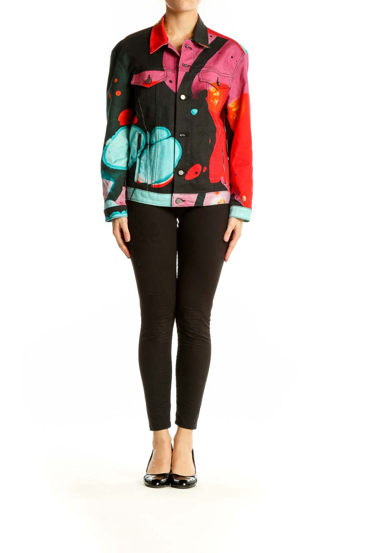 Front view of The Kit's multicolor abstract art denim jacket with vibrant red, pink, black, and turquoise design