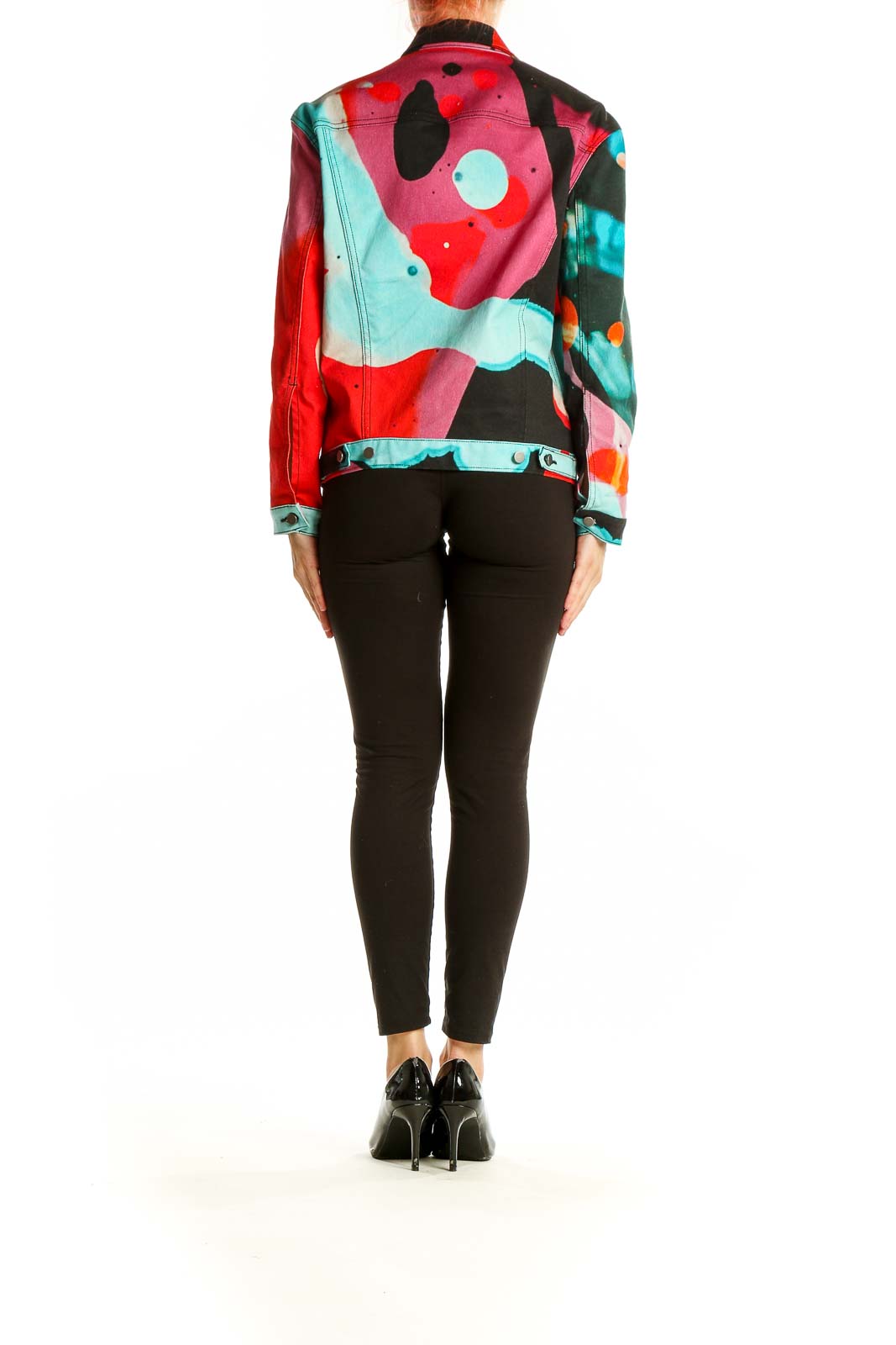 Back view of The Kit's multicolor abstract art denim jacket showcasing the full artistic pattern