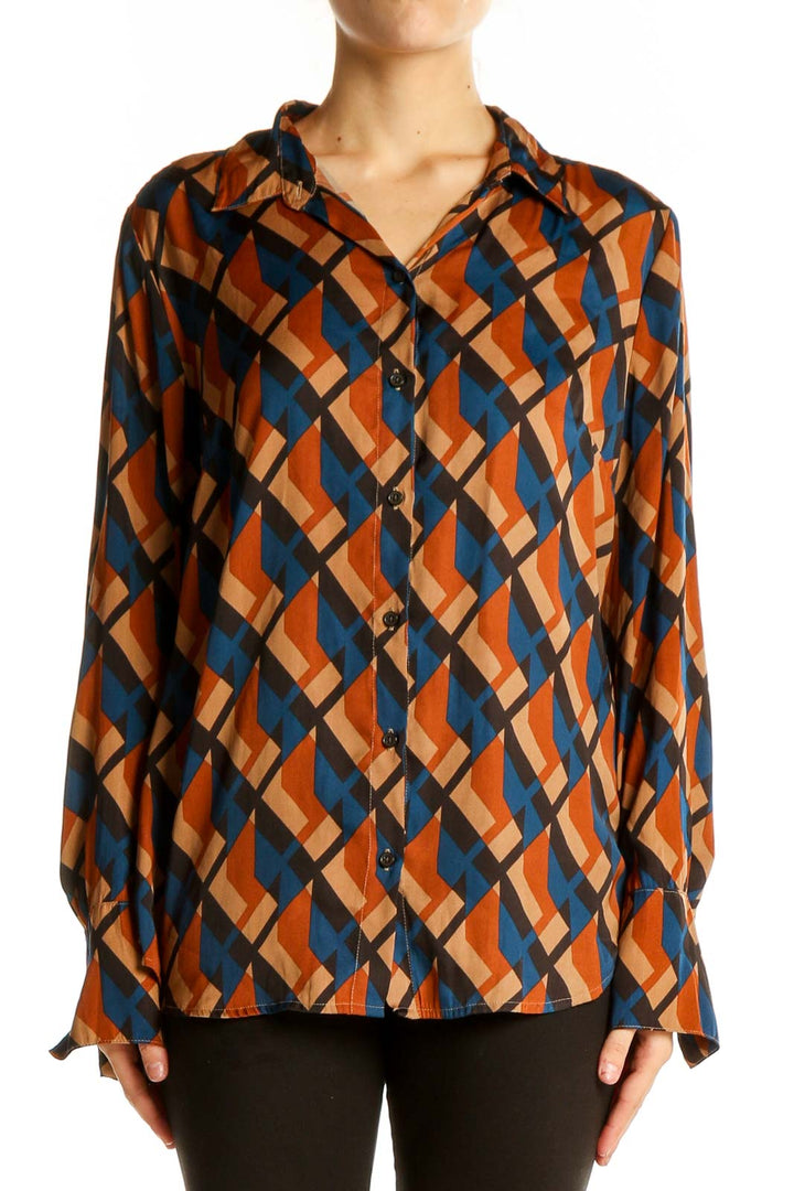 Front view of Banana Republic orange geometric print button-down shirt