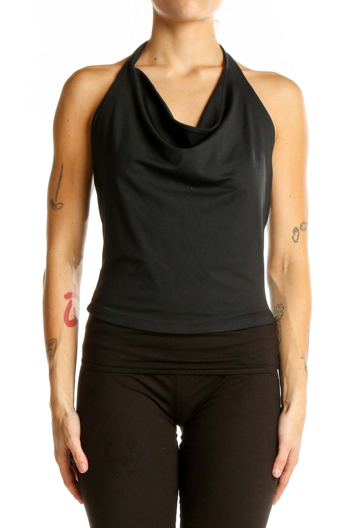 Front view of black halter neck cowl top from Abercrombie & Fitch