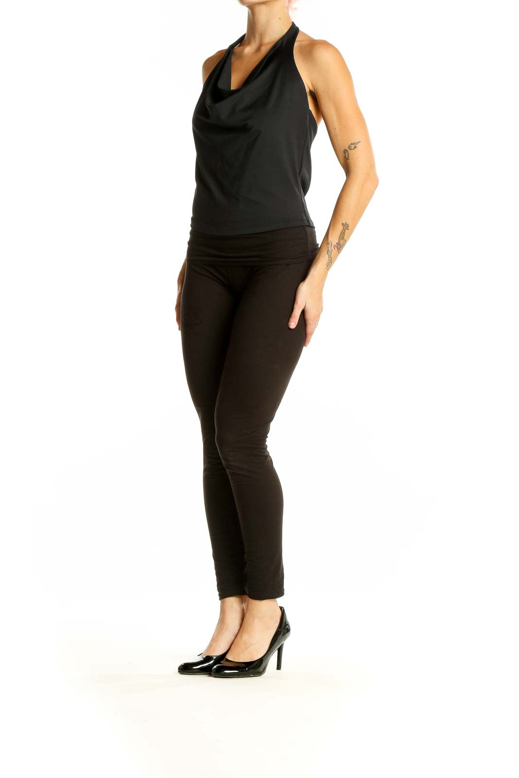 Front view of black halter neck cowl top from Abercrombie & Fitch