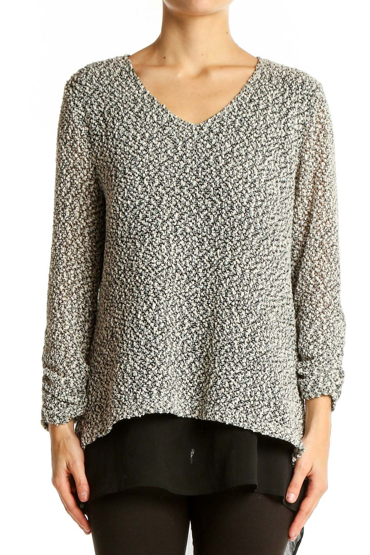 Front view of Alfani gray textured V-neck blouse with layered hem