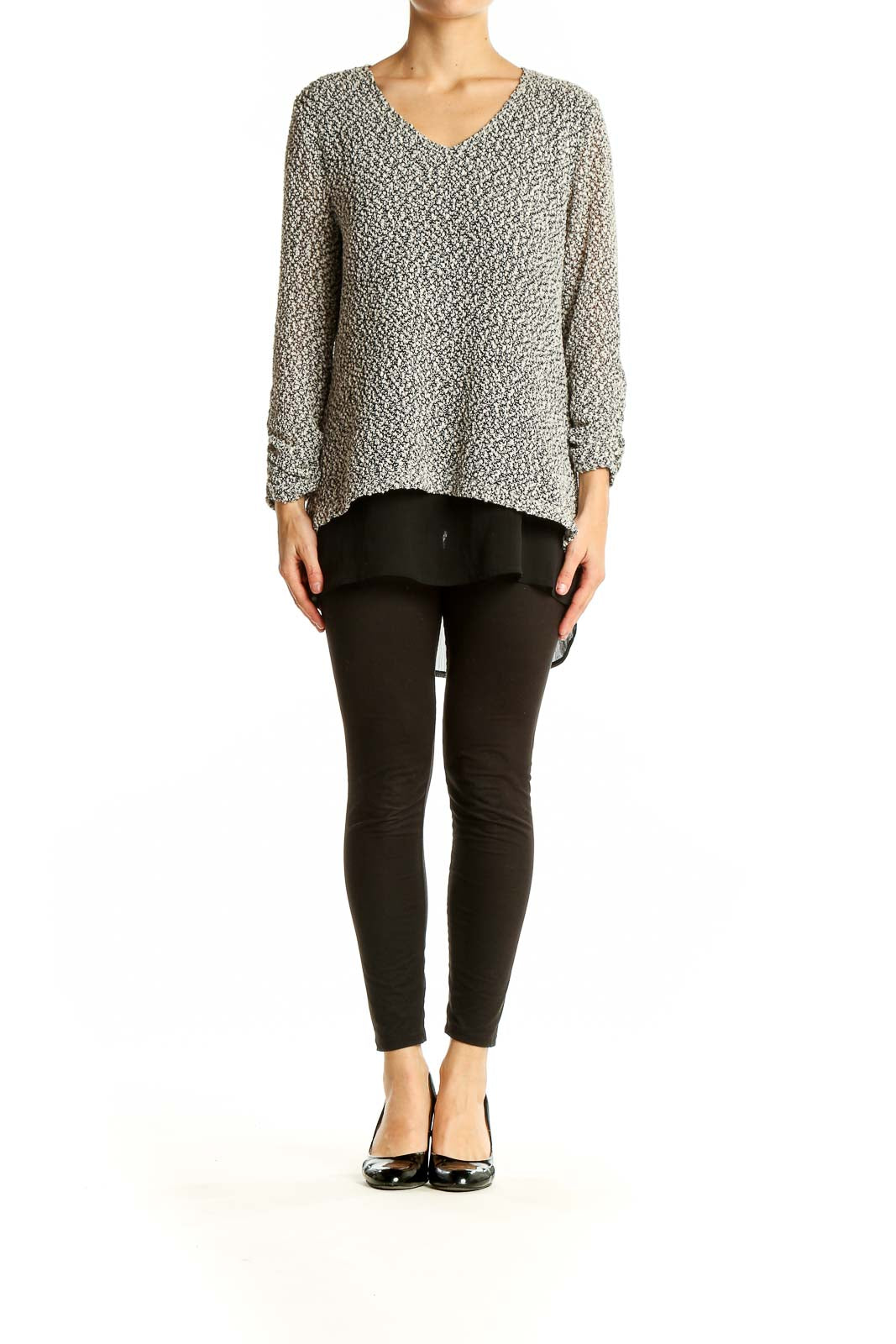 Front view of Alfani gray textured V-neck blouse with layered hem