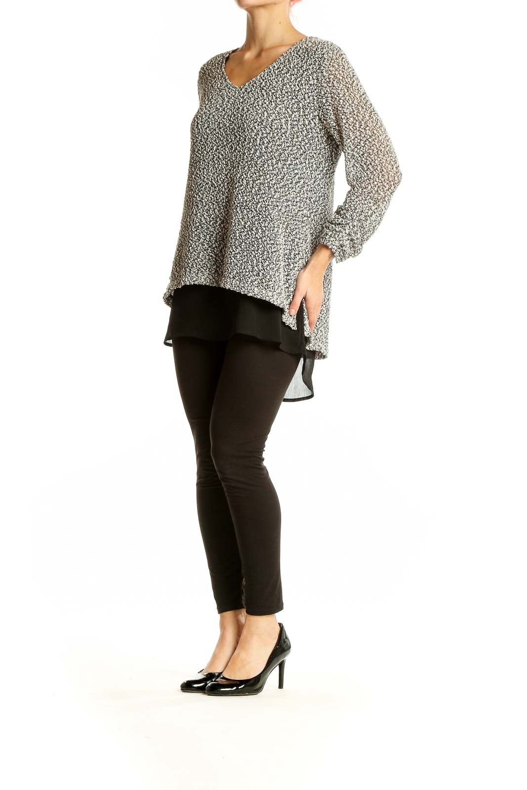 Front view of Alfani gray textured V-neck blouse with layered hem