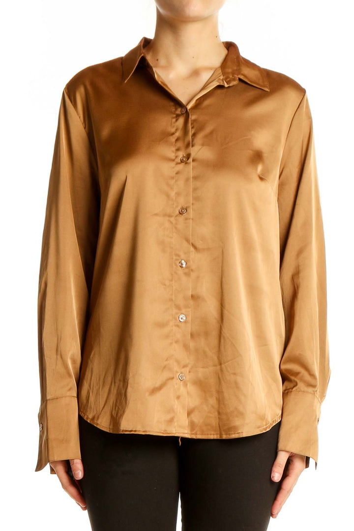 Front view of Banana Republic camel satin button-down blouse