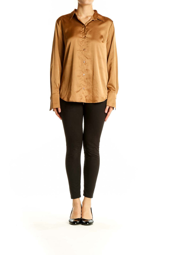 Front view of Banana Republic camel satin button-down blouse