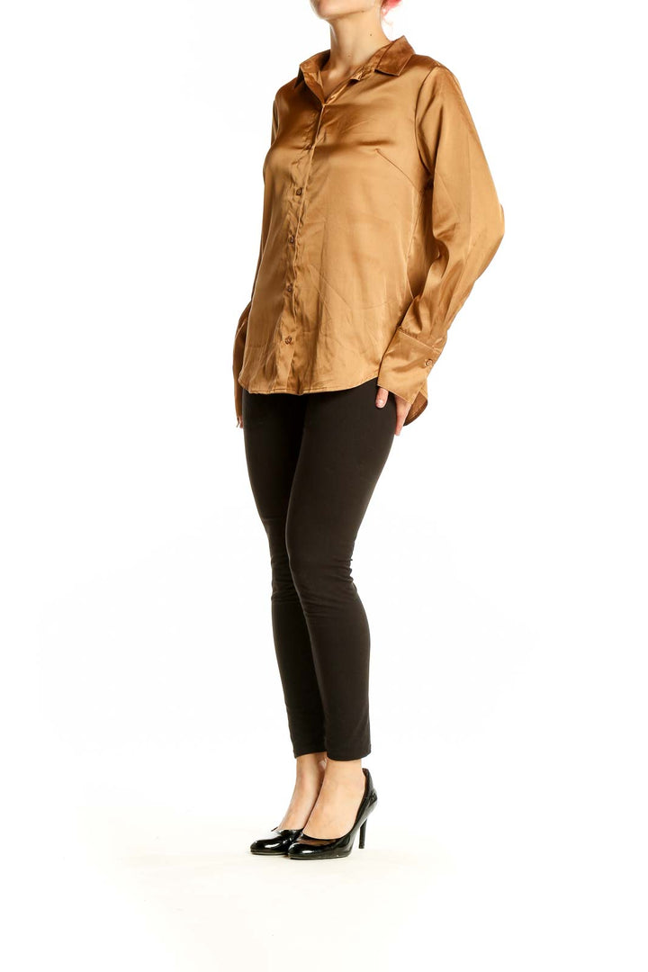 Front view of Banana Republic camel satin button-down blouse