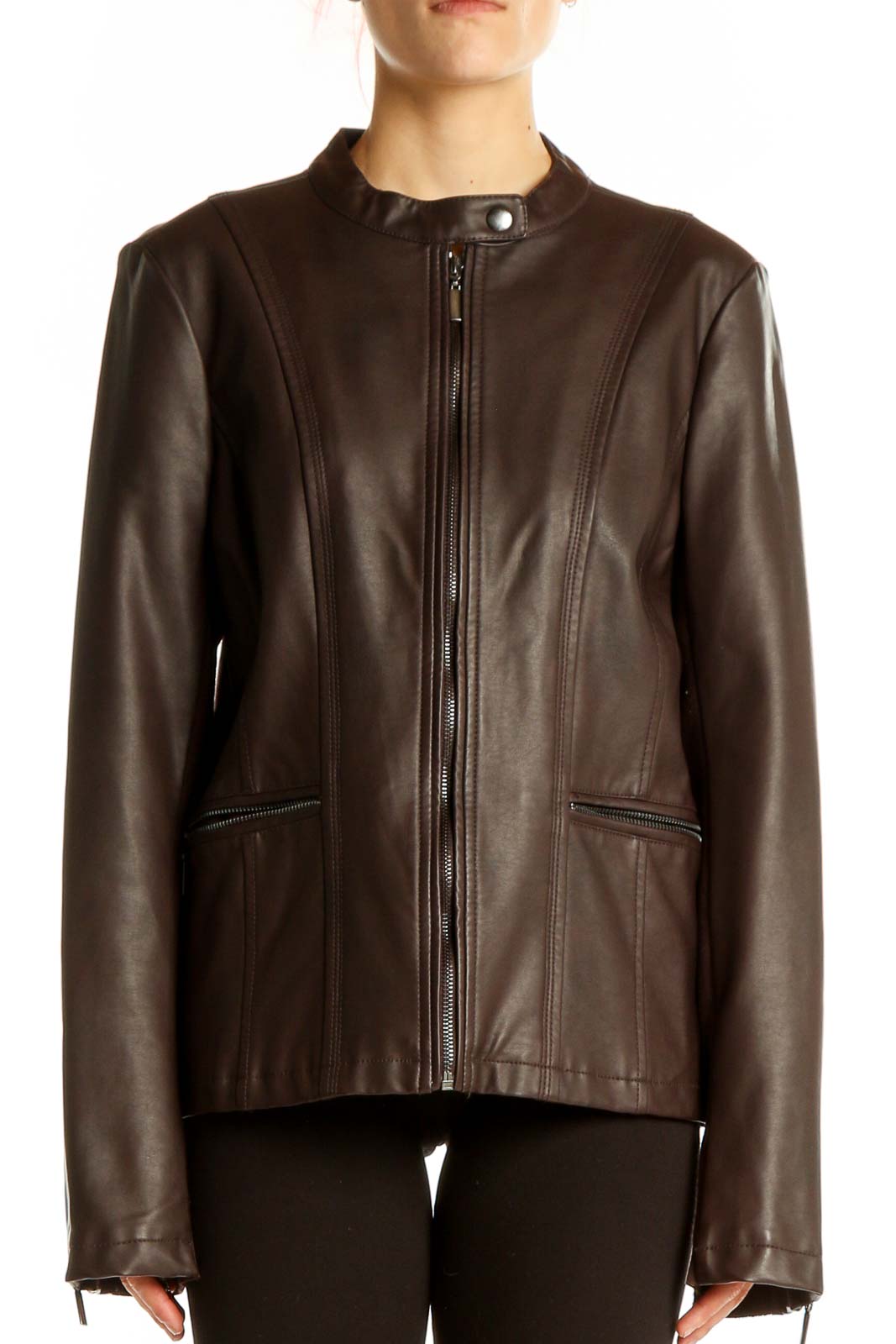 Front view of Mo-Ka brown leather zip-up jacket