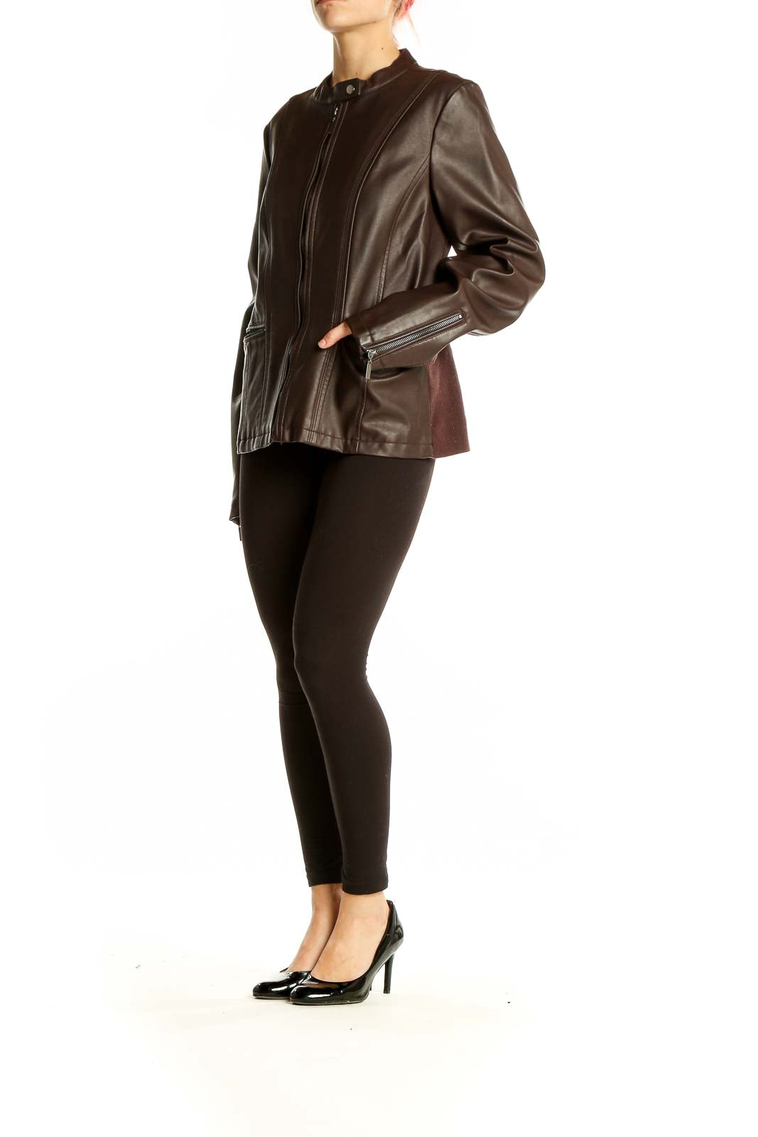 Front view of Mo-Ka brown leather zip-up jacket