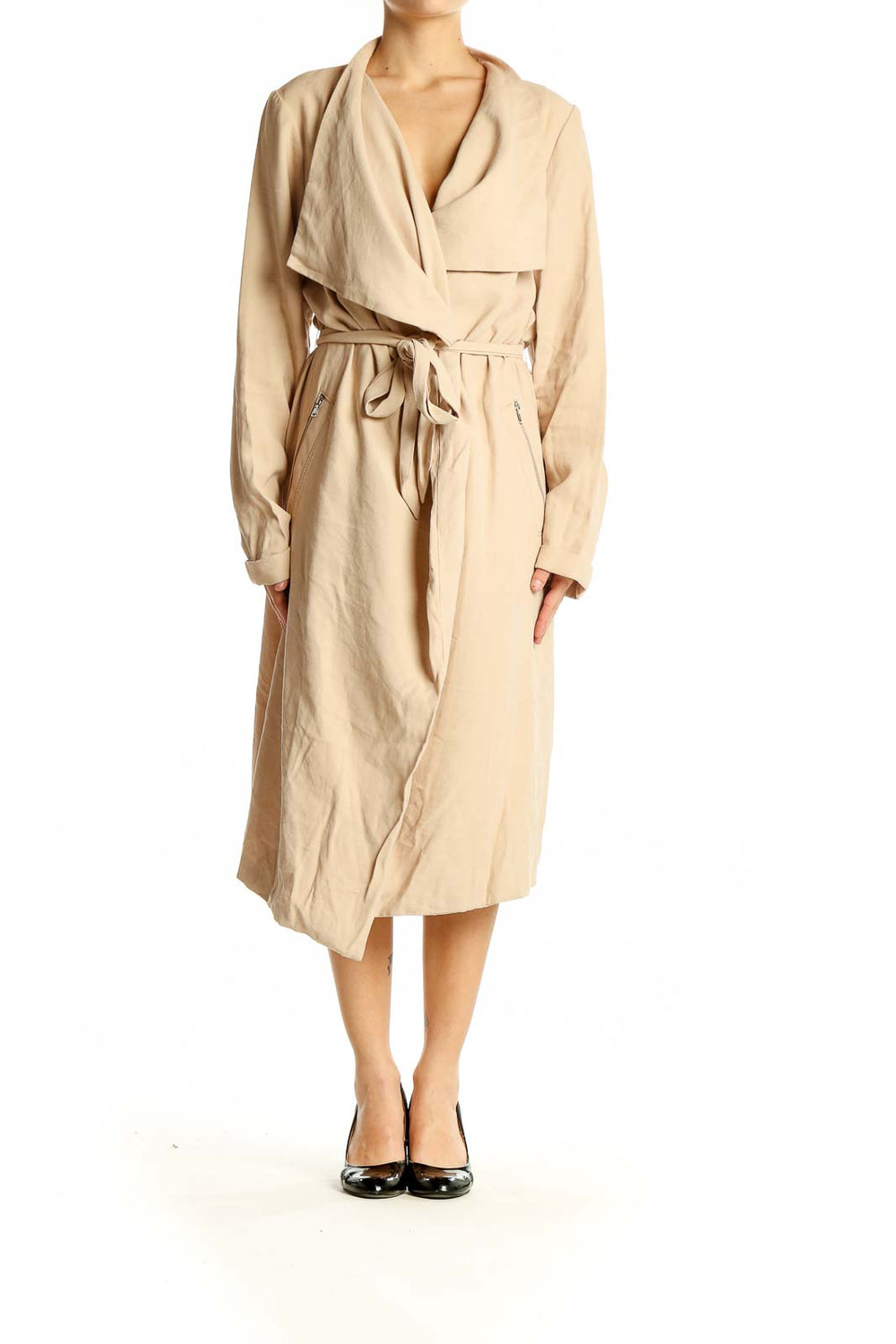 Front view of Express beige trench coat with draped collar and belt