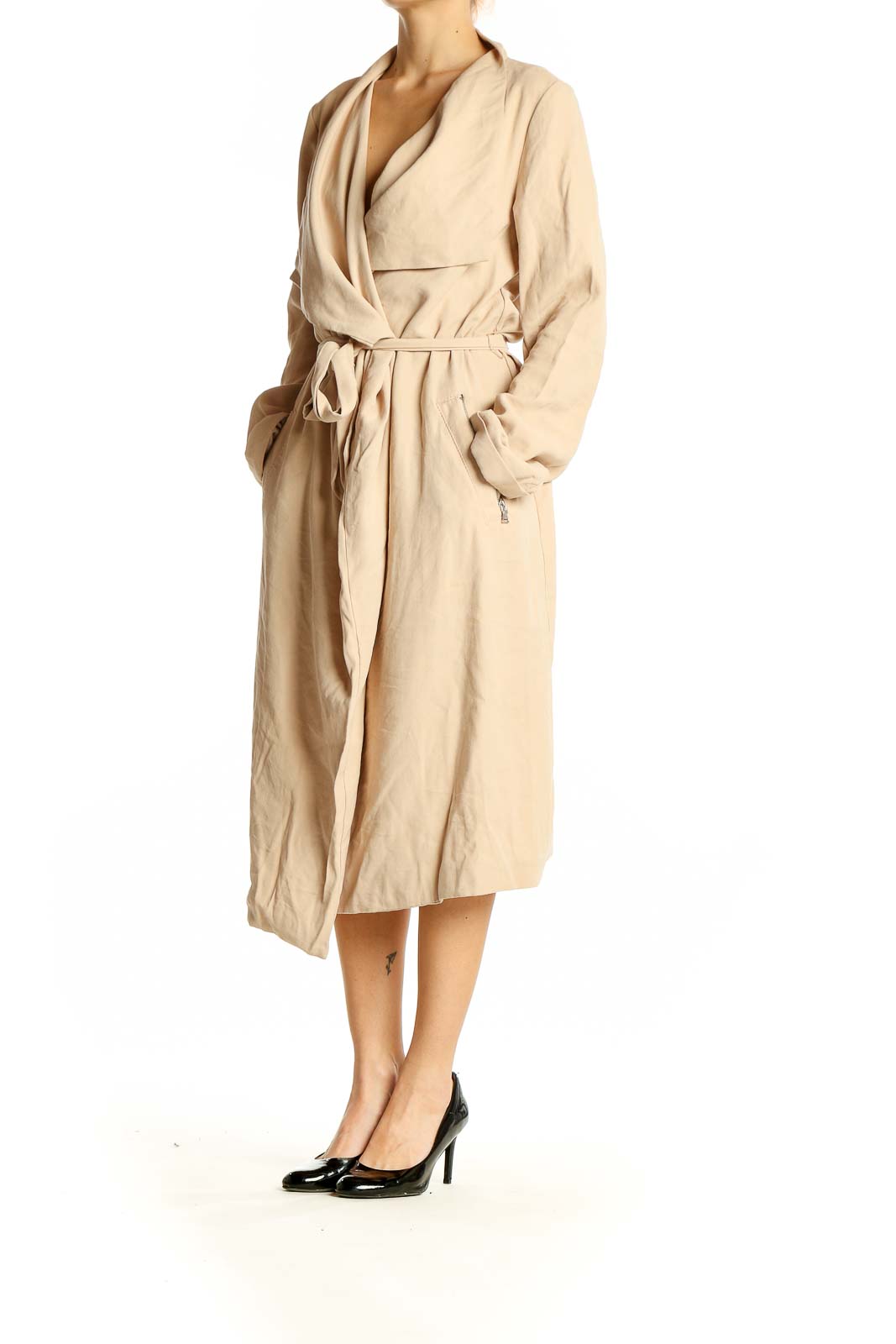 Front view of Express beige trench coat with draped collar and belt