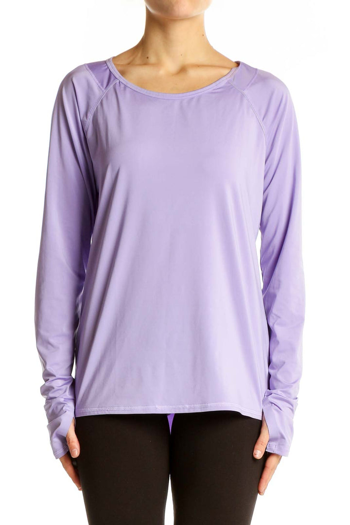 Front view of Athleta lavender long sleeve performance top