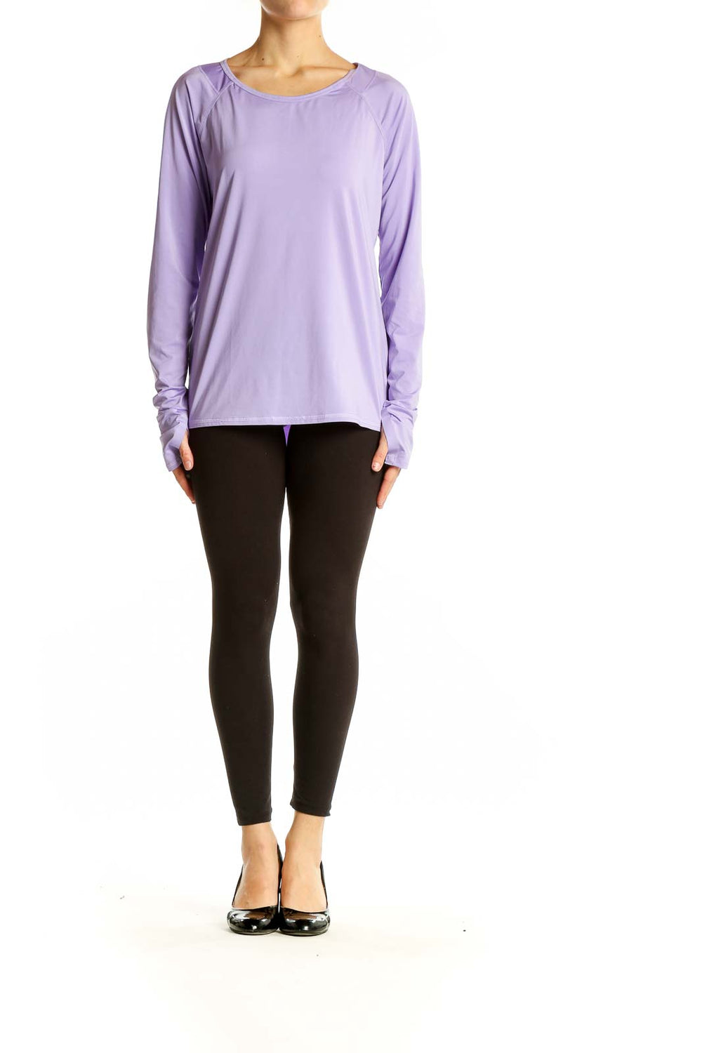 Front view of Athleta lavender long sleeve performance top