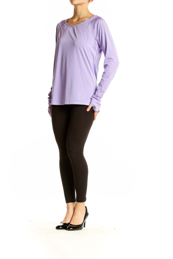 Front view of Athleta lavender long sleeve performance top