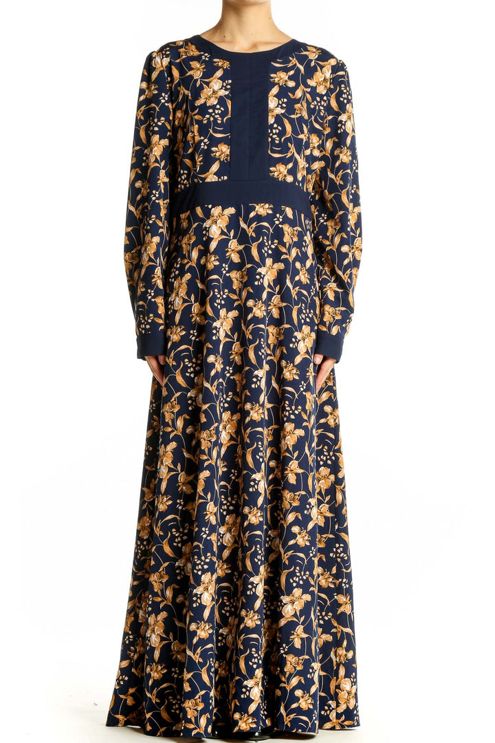 Front view of Navy Floral Long Sleeve Maxi Dress by Urban Modesty