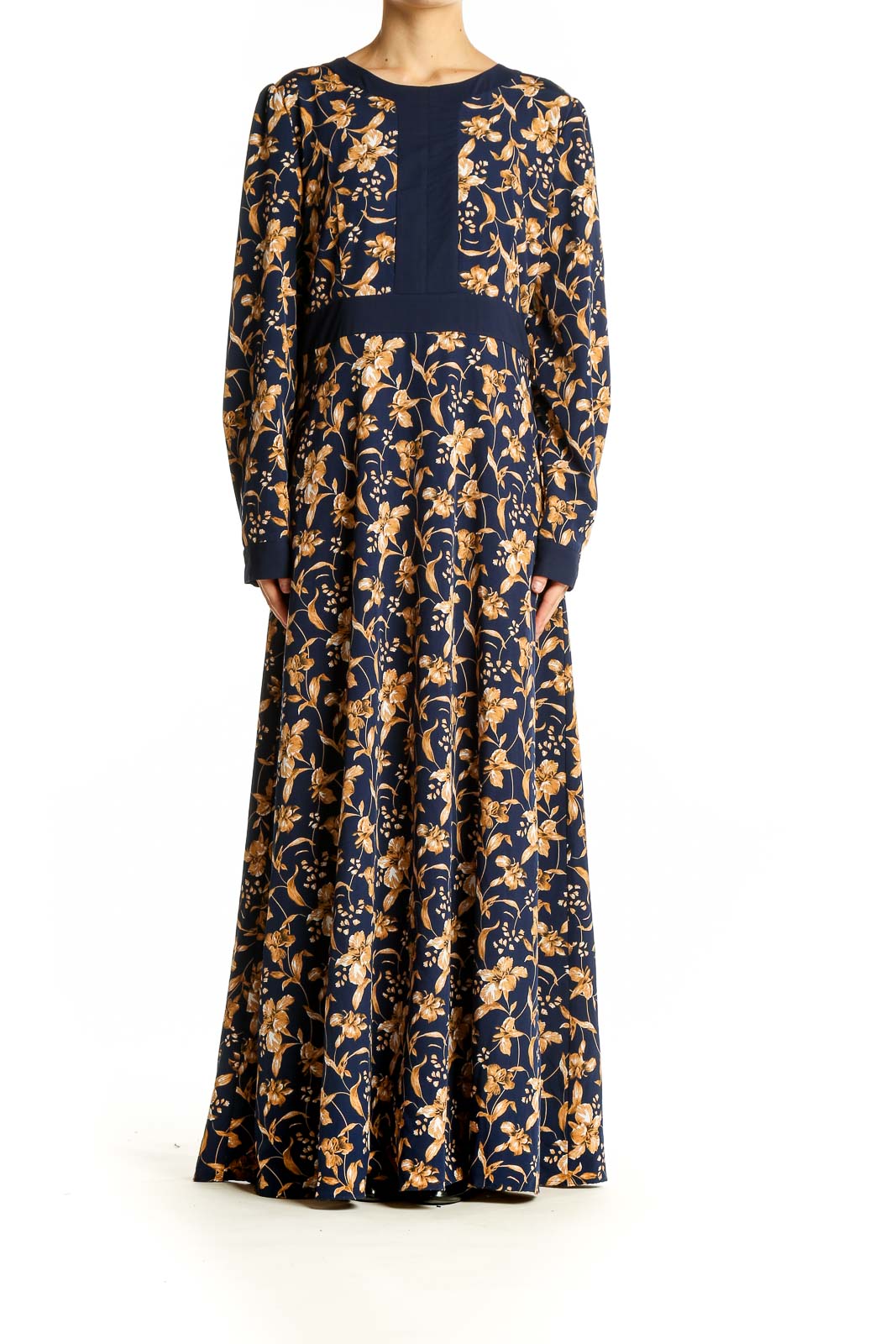 Front view of Navy Floral Long Sleeve Maxi Dress by Urban Modesty