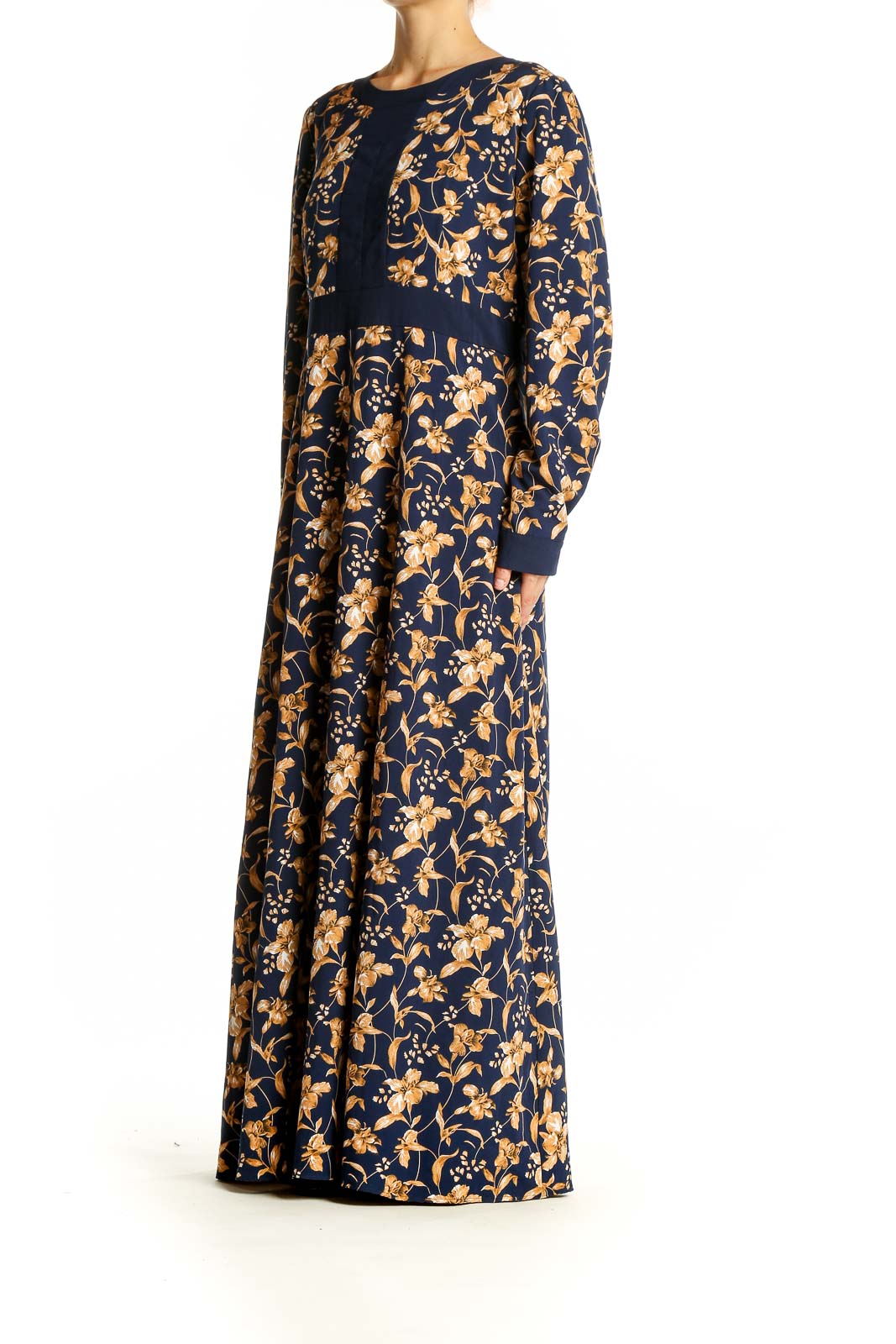 Front view of Navy Floral Long Sleeve Maxi Dress by Urban Modesty