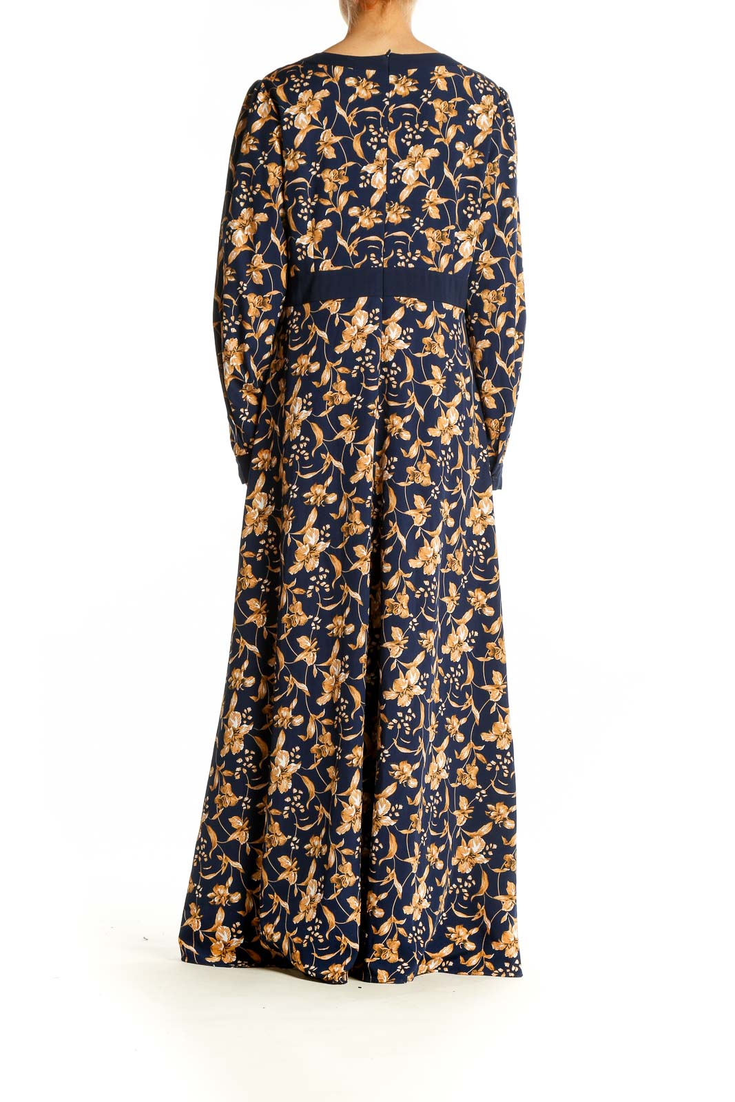 Back view of Navy Floral Long Sleeve Maxi Dress by Urban Modesty