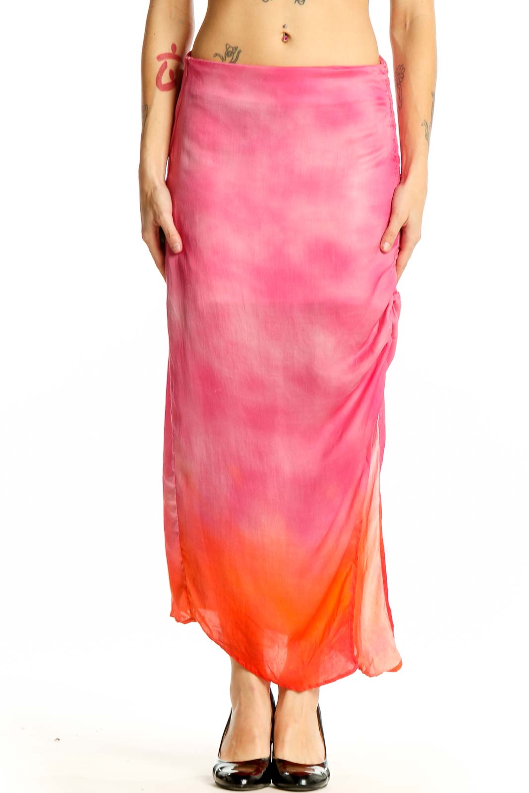 Front view of Area Stars pink ombre tie-dye maxi skirt with side tie closure