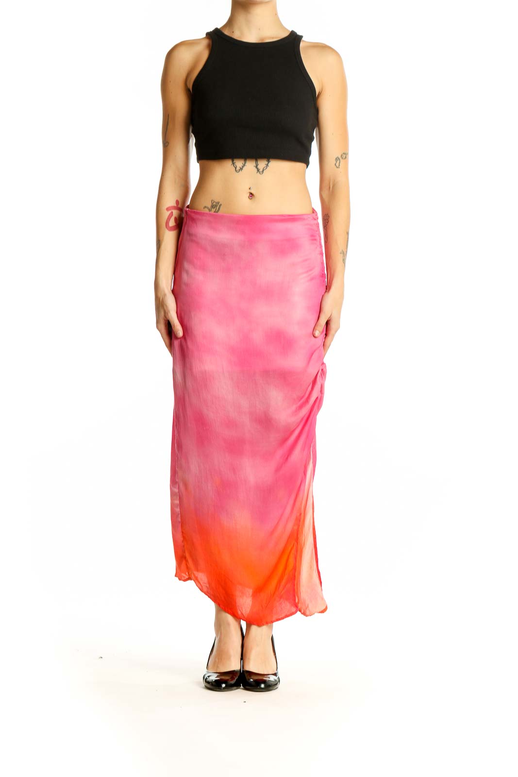 Front view of Area Stars pink ombre tie-dye maxi skirt with side tie closure