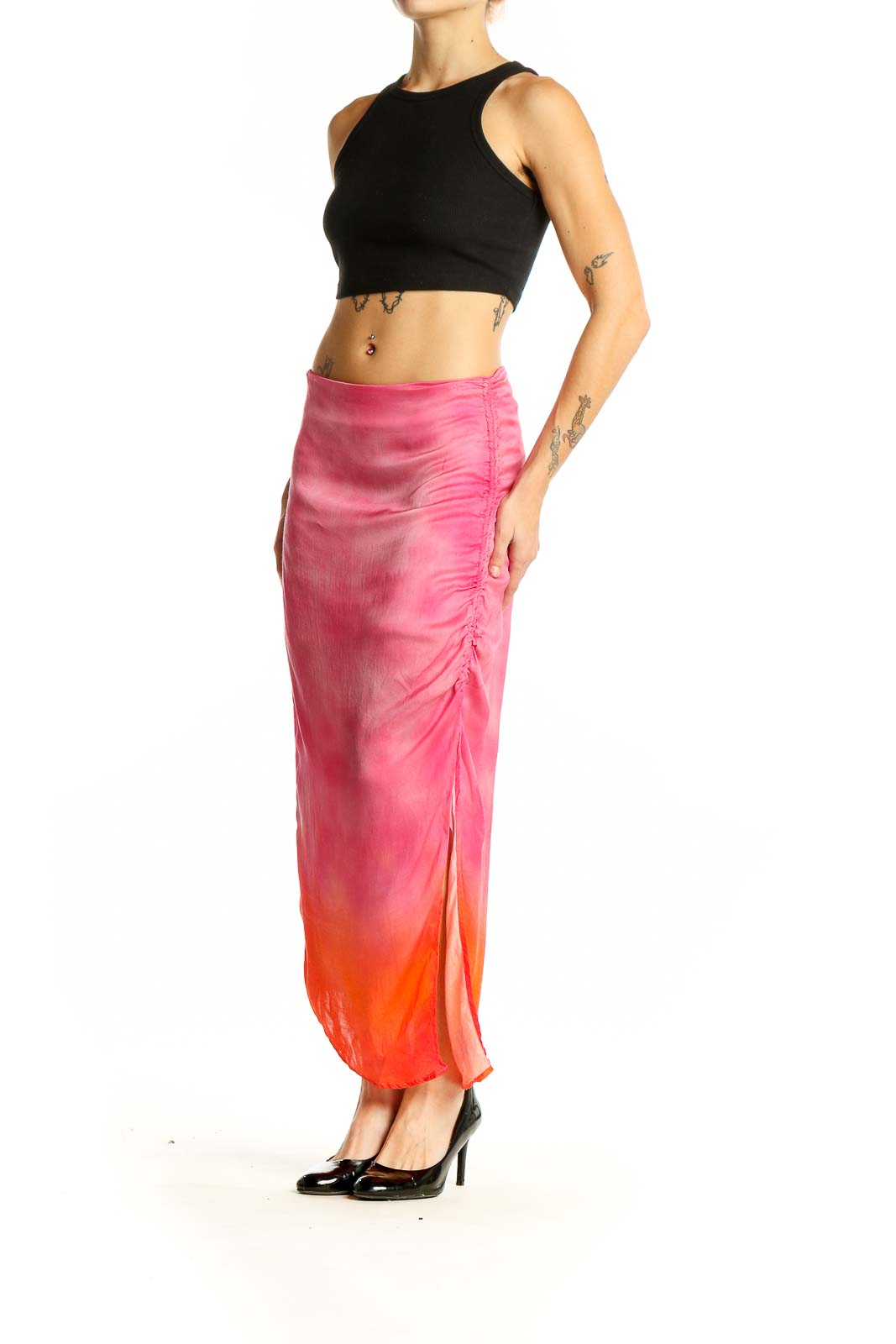 Front view of Area Stars pink ombre tie-dye maxi skirt with side tie closure