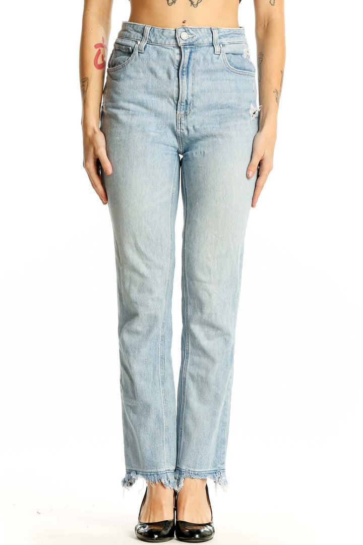 Front view of Paige light blue high-waisted straight jeans with distressed details